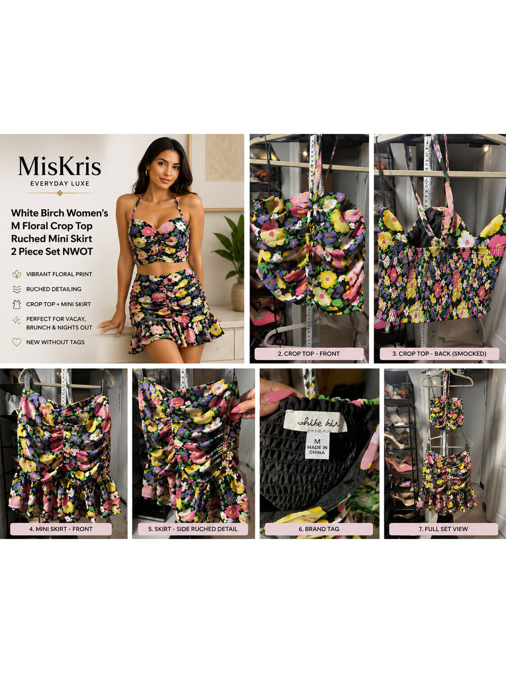 White Birch Women’s M Floral Crop Top Ruched Mini Skirt 2 Piece Set NWOT